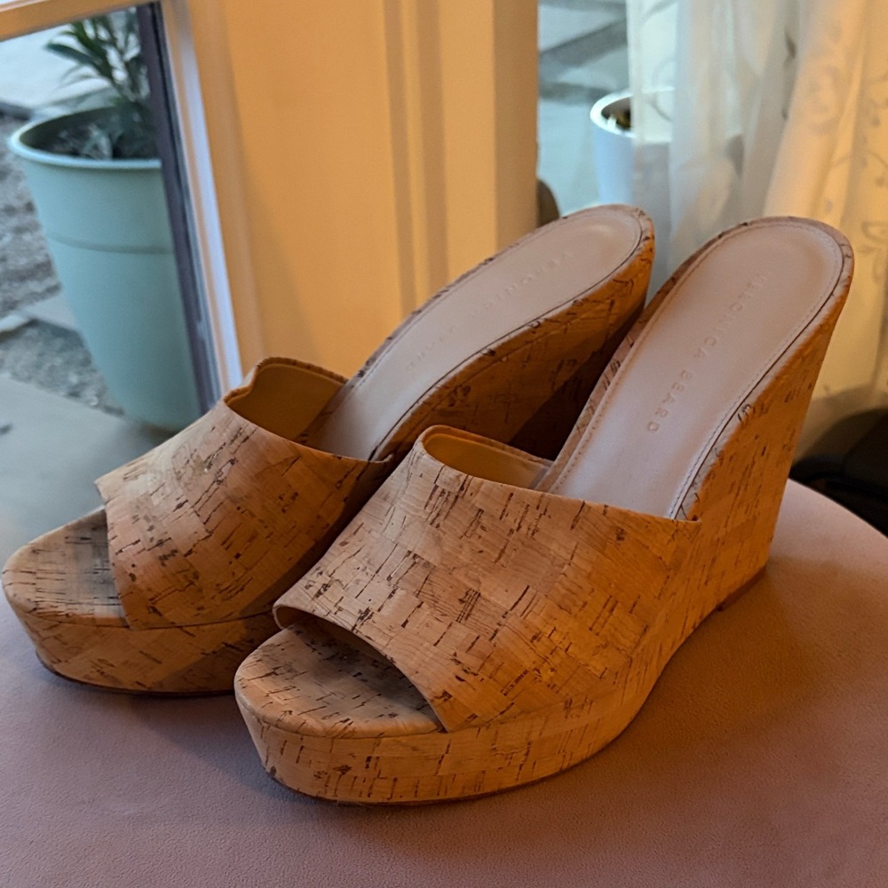 Veronica Beard Cork Slide Wedge Sandals in Natural Tan